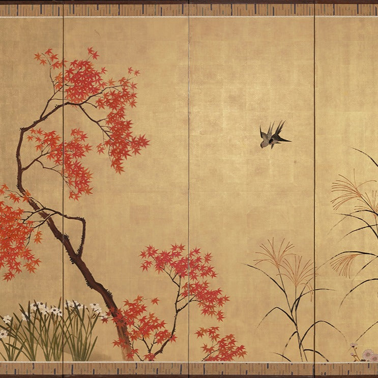 Japanse Art Print - Maple and Flowers 1880