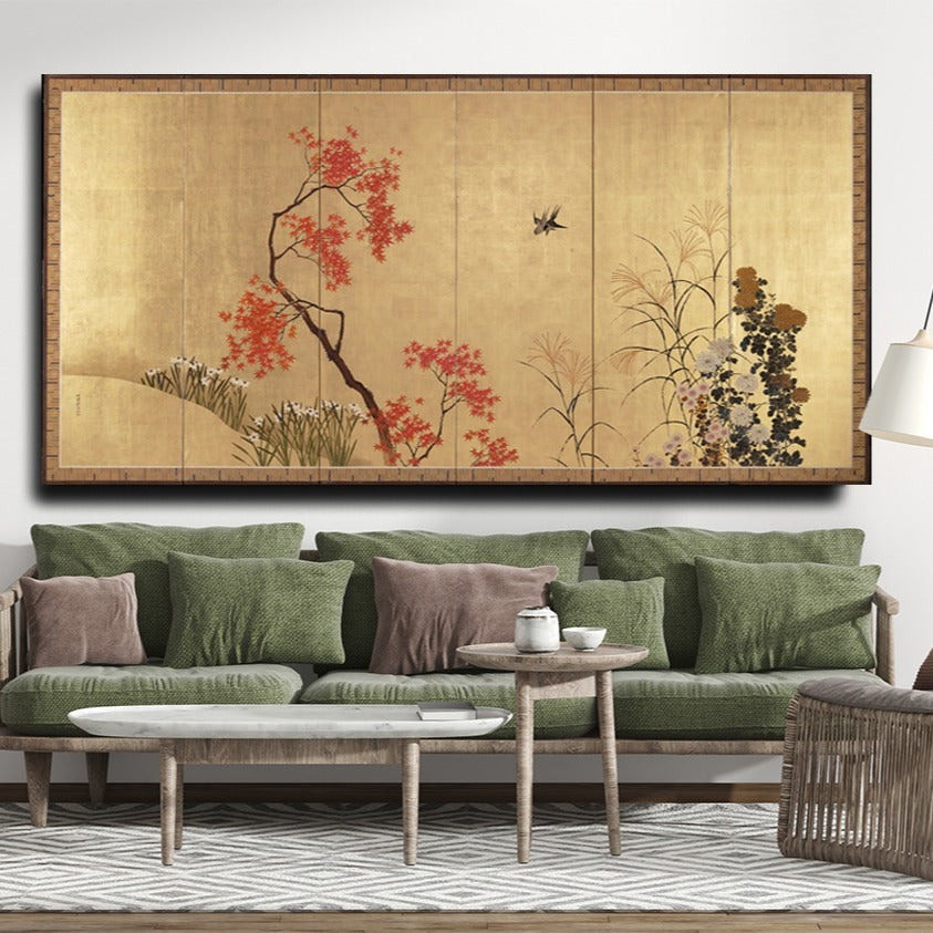 Japanse Art Print - Maple and Flowers 1880