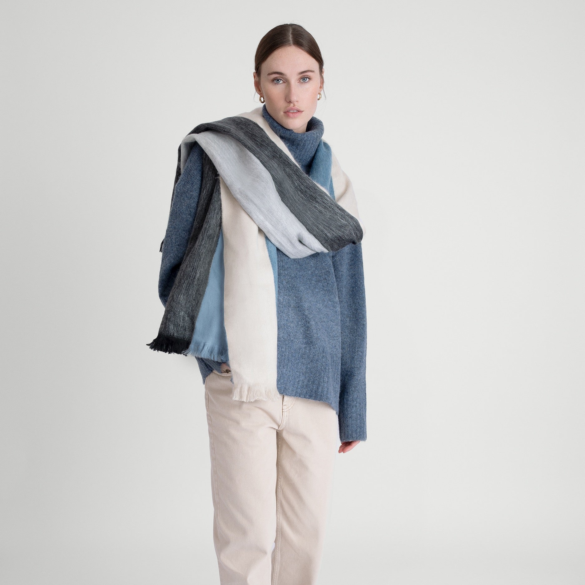 Sjaal/Omslagdoek Gestreept Blauw/Zwart/Naturel