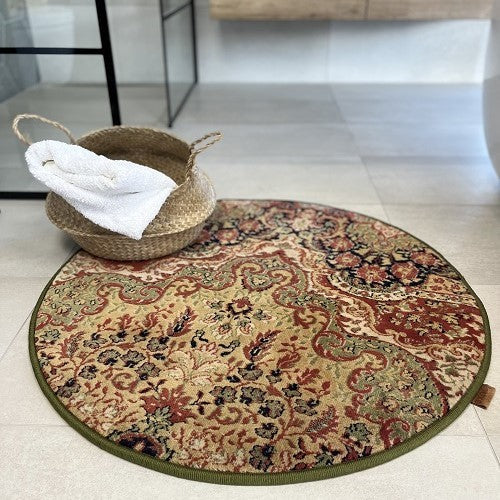 Vintage tapijt terracotta kleur rood, donkerblauw en olijfgroene rand