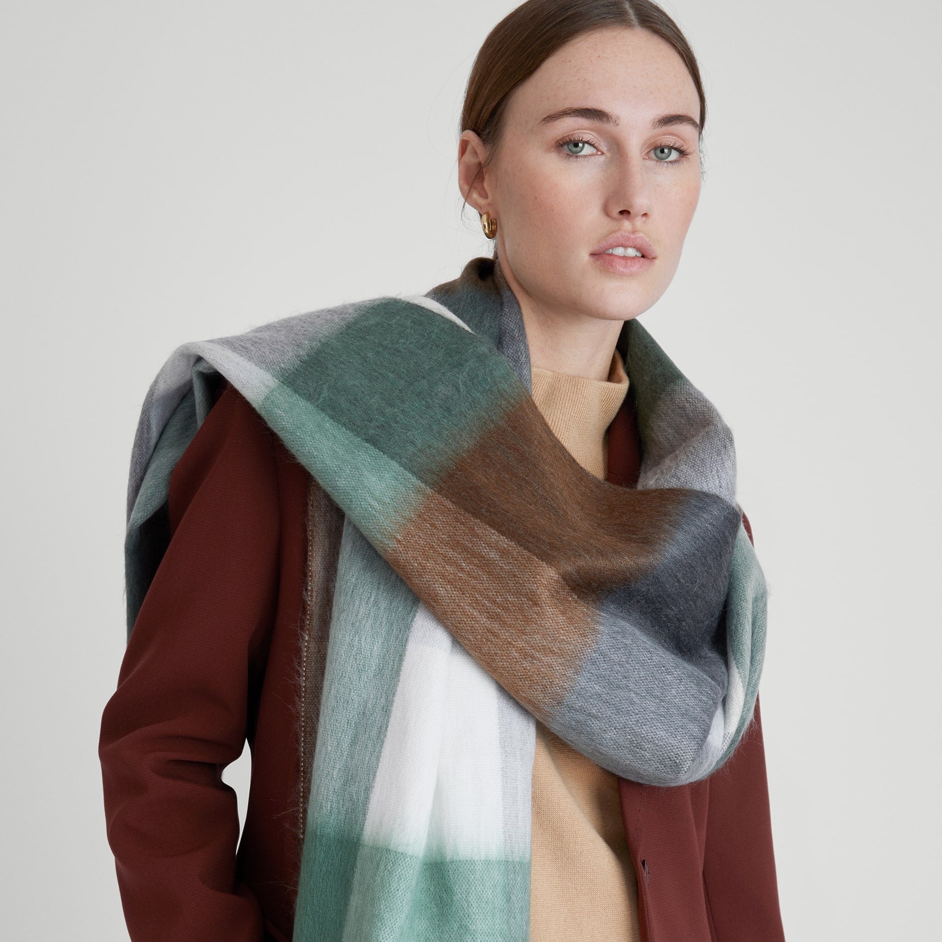 Sjaal/Omslagdoek Geblokt Bruin/Mint/Grijs