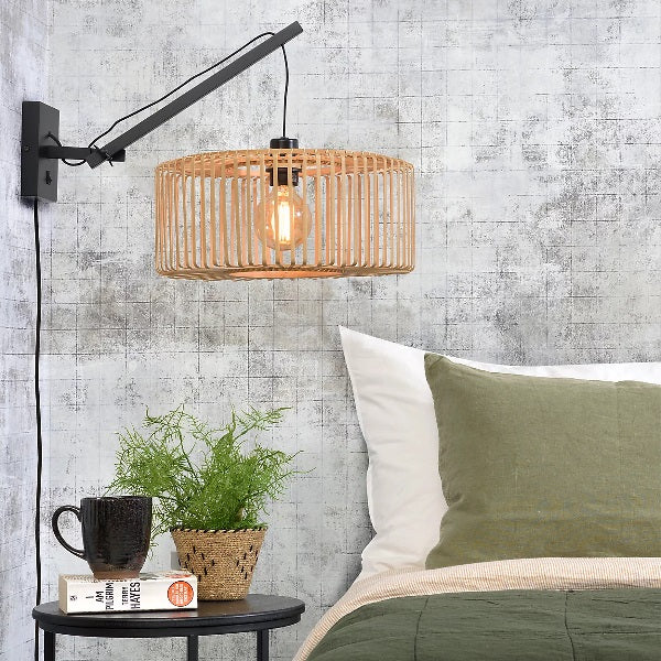BROMO - Wandlamp - bamboe  – Korte Arm – Zwart